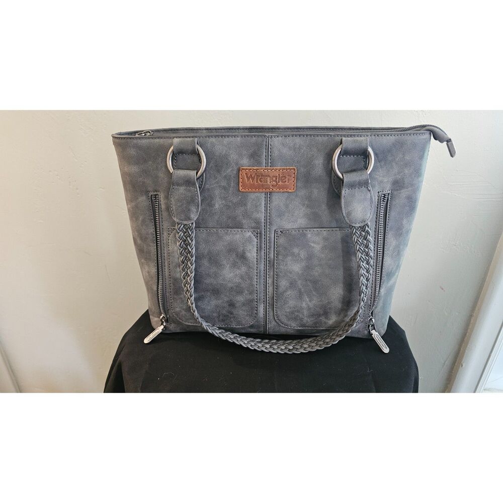 Wrangler Distressed Tote Bag Grey Western Purse Multi Pocket Shoulder Bag